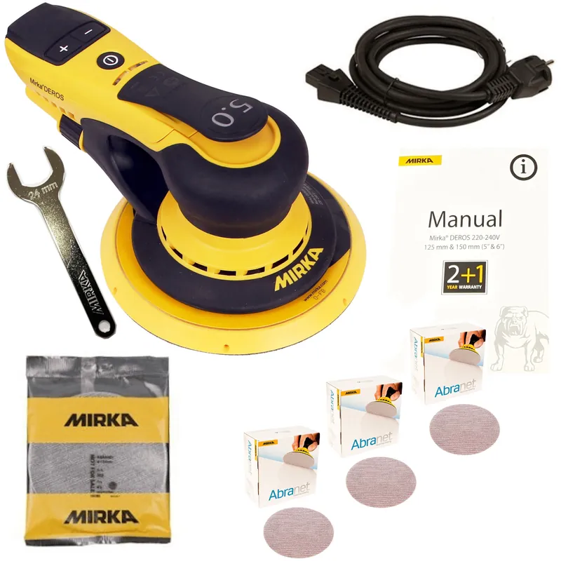 Markenware Exzenterschleifer Elektro Mirka DEROS 650CV Set + 150 Abranet Scheiben Gratis