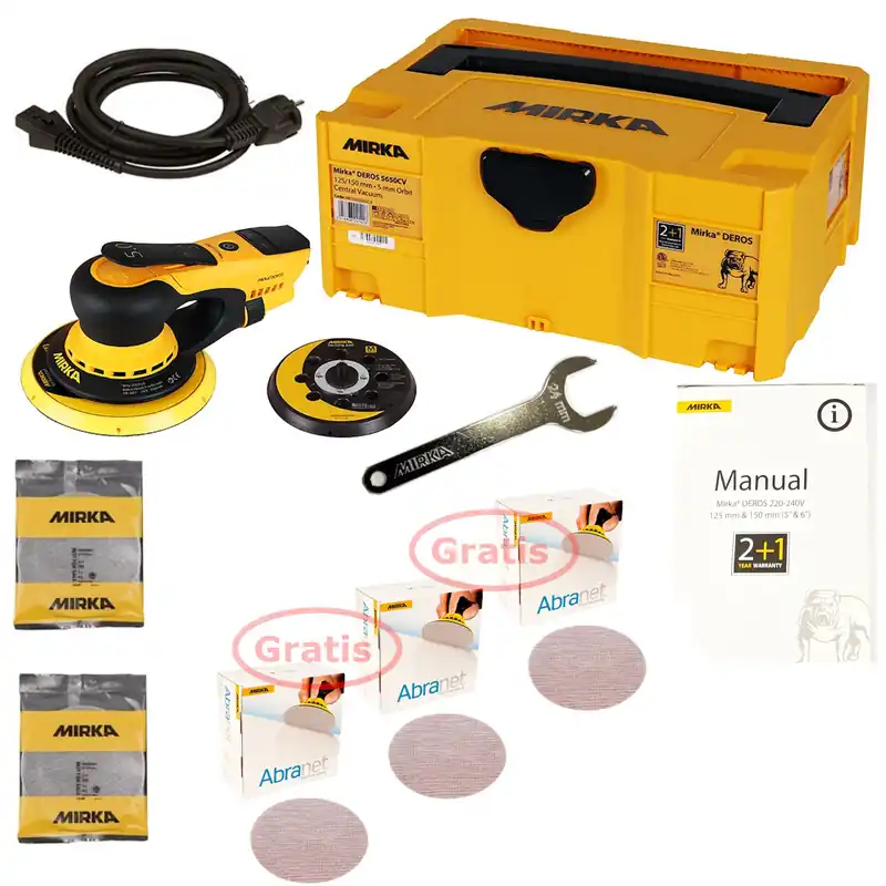 Jetzt Kaufen MIRKA Elektro Exzenterschleifer DEROS 5650CV Set im Case + 150x Abranet Scheiben