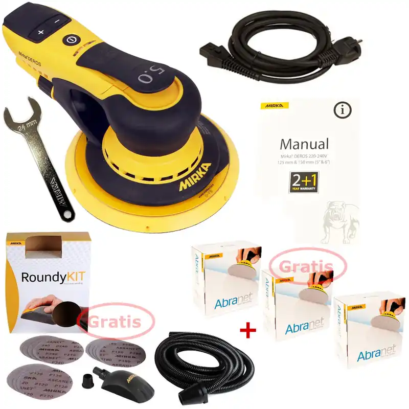 Sonderangebot Exzenterschleifer Elektro Mirka DEROS 650CV Set + 150 Abranet Scheiben & Roundykit Gratis